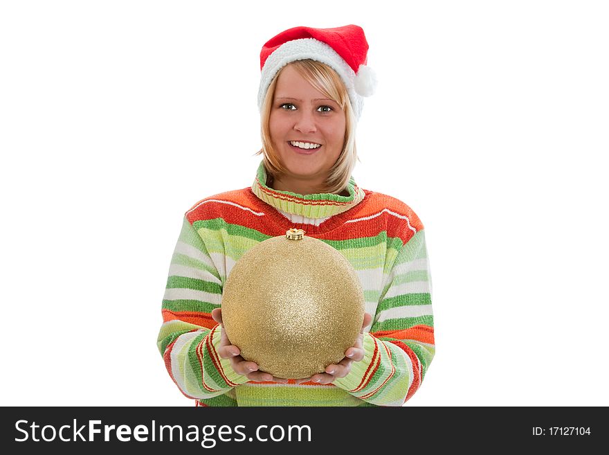 Young woman with santa hat holding a christmas ball - isolated. Young woman with santa hat holding a christmas ball - isolated