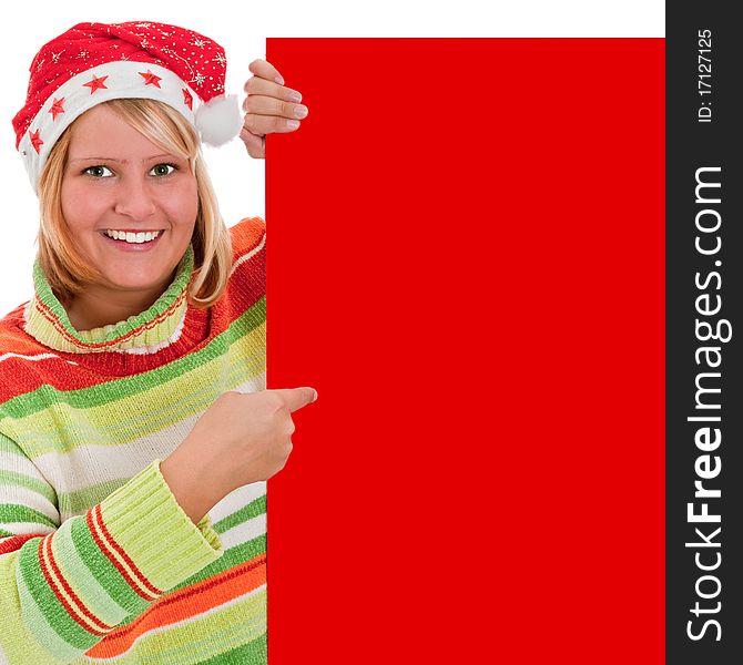 Young woman with santa hat holding a red billboard - isolated