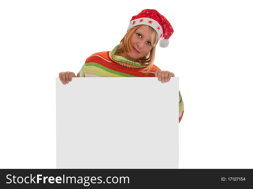 Young woman with santa hat holding a white billboard - isolated