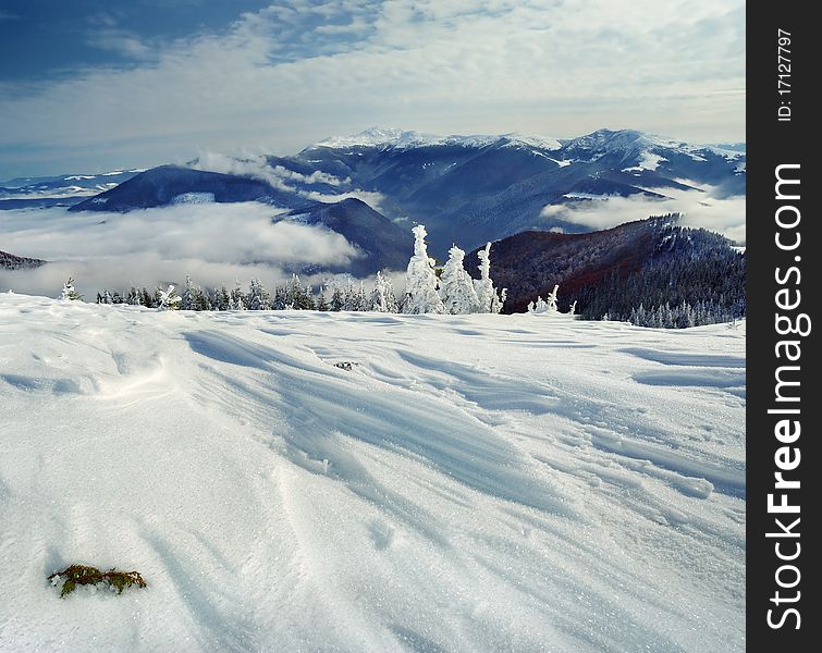 Winter landscape with snow in mountains Carpathians, Ukraine. Winter landscape with snow in mountains Carpathians, Ukraine