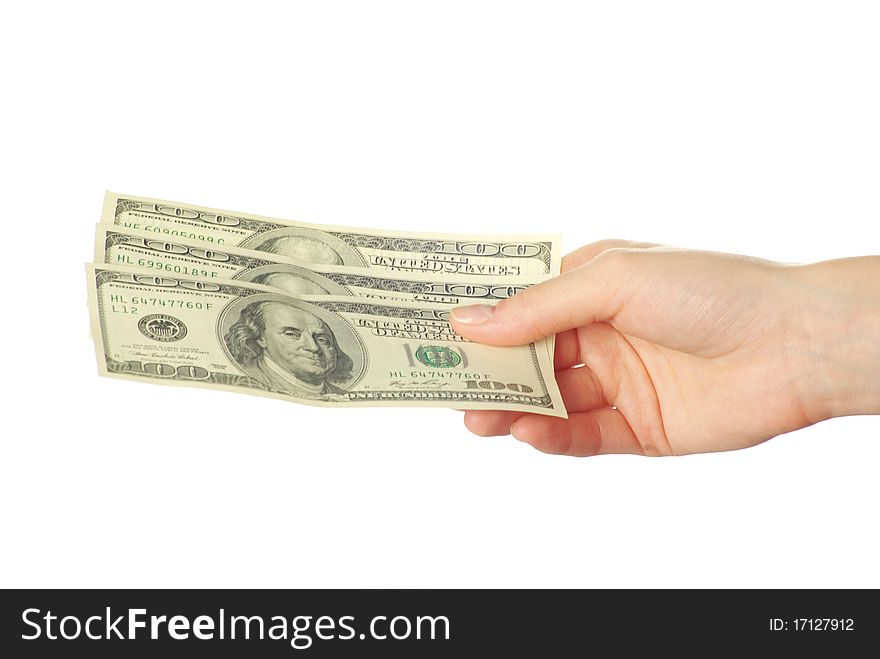 Hand with money isolated on white background