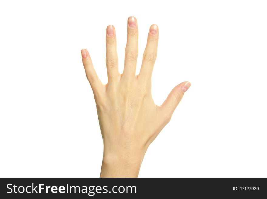 Hand showing five fingers and the palm isolated on white