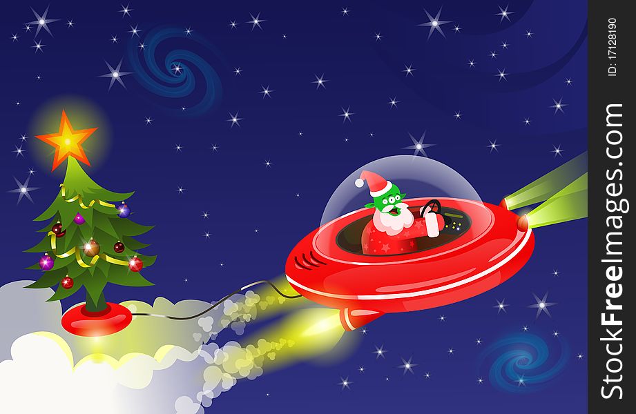 Santa Claus fly with christmas tree in space. Santa Claus fly with christmas tree in space.
