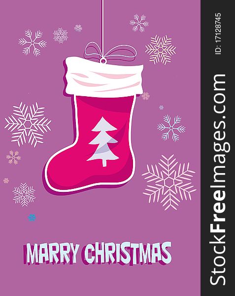 Christmas card with a red sock and snowflakes. Christmas card with a red sock and snowflakes