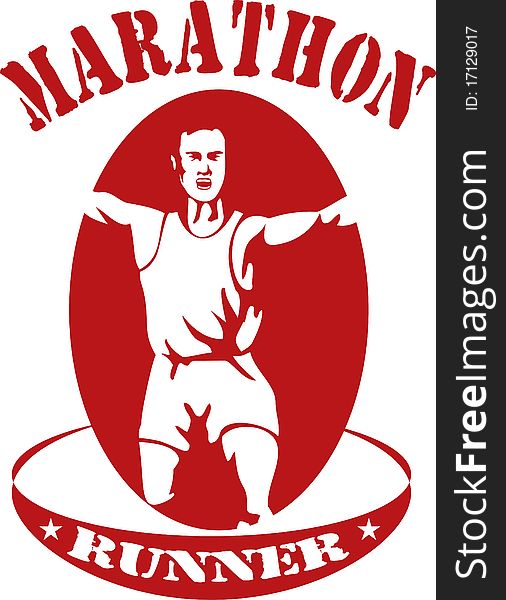 Illustration of a silhouette of Marathon runner running race and set inside oval done in retro style words marathon runner