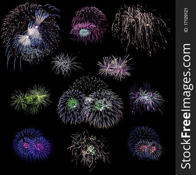 Set of isolated colored fireworks explosions on black