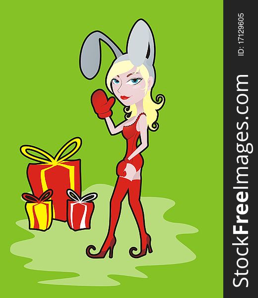 Illustration of a bunny-girl with gifts on a green background
