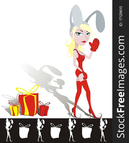 Illustration of a bunny-girl with gifts on a white background, isolated