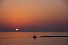 Boat , Sunset At Beach In Cyprus Royalty Free Stock Photo