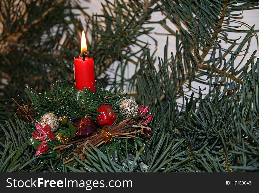 Christmas decorations with candles and fir twigs. Christmas decorations with candles and fir twigs