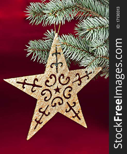 On a red background spruce twig, the Christmas star. On a red background spruce twig, the Christmas star.