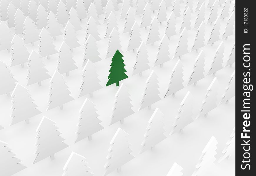 Green tree among white pines, on white background, 3d render