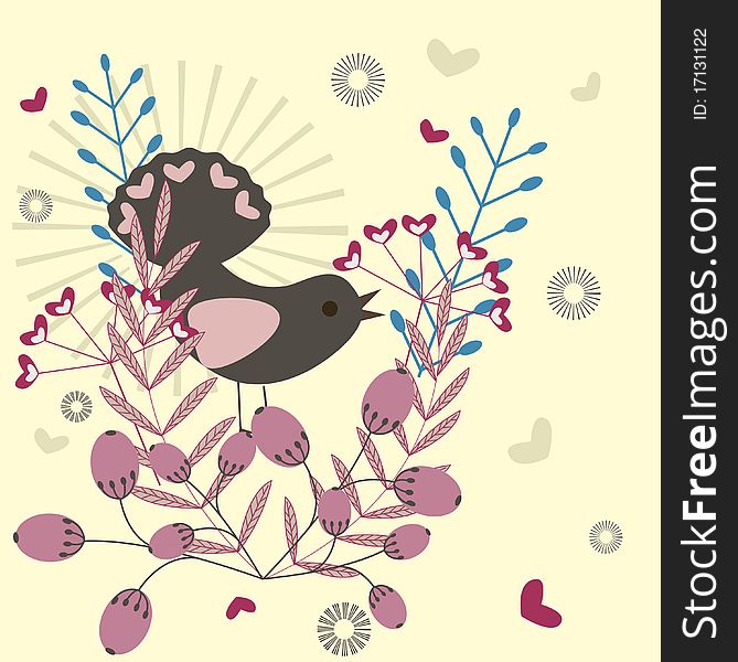 Stylized natural illustration - bird, flowers and berries. Stylized natural illustration - bird, flowers and berries