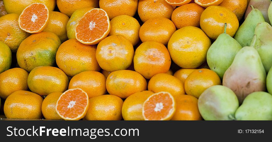 Oranges and pears for sale at farmers market in Spain. Oranges and pears for sale at farmers market in Spain