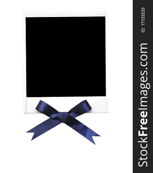 Old photo with blue bow isolated on a white background.