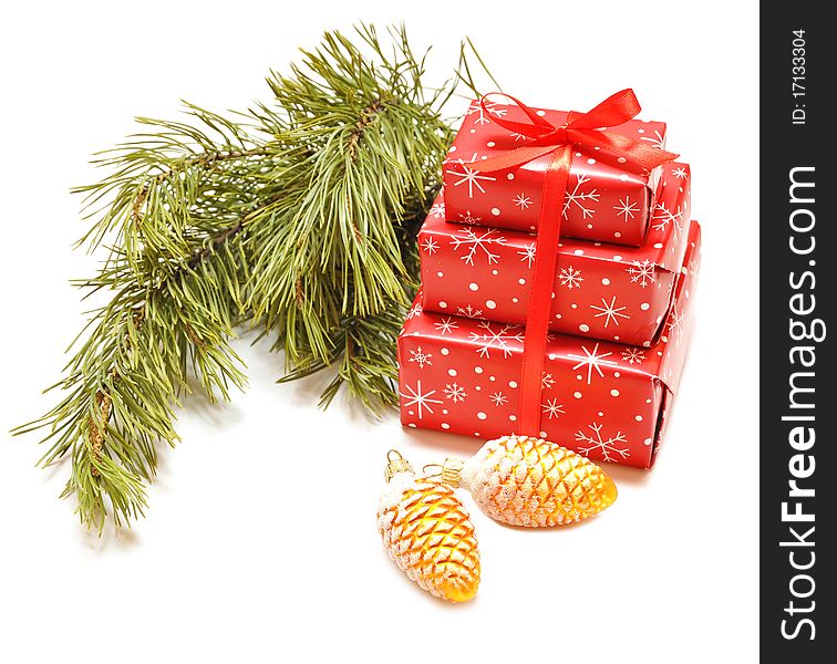 Christmas gift and bauble decoration. Christmas gift and bauble decoration