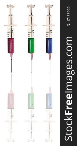 This image represents three syringe with different colors. This image represents three syringe with different colors