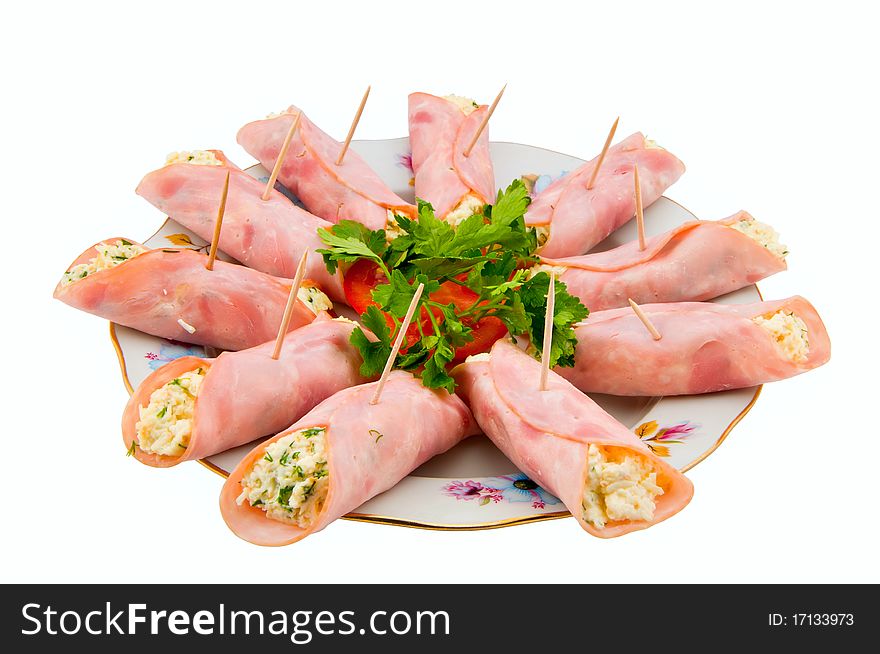 Vetchinnyj roll with cheese on a white background