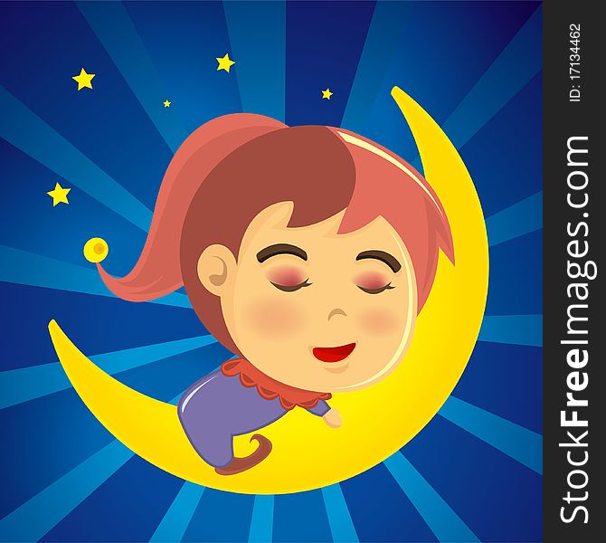 Relaxed Girl In Pajamas, Sleeping Soundly On A Crescent Moon In A Bursting Blue Night Sky the illustration contain gradient mesh. Relaxed Girl In Pajamas, Sleeping Soundly On A Crescent Moon In A Bursting Blue Night Sky the illustration contain gradient mesh.