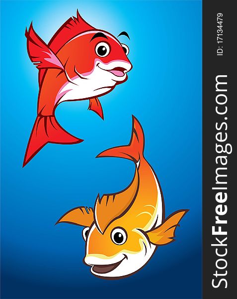 Pair Of Happy Red And Orange Fish Swimming In A Blue Pond. Pair Of Happy Red And Orange Fish Swimming In A Blue Pond