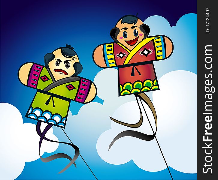 Couple Of Fighting Japanese Kites Flying Above The Clouds In A Blue Sky . All Seperate object and outlines. Couple Of Fighting Japanese Kites Flying Above The Clouds In A Blue Sky . All Seperate object and outlines.