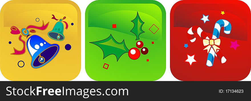 Icons Of Blue Jingle Bells, Holly And Berries And Candy Canes Over Yellow, Green And Red Backgrounds. Icons Of Blue Jingle Bells, Holly And Berries And Candy Canes Over Yellow, Green And Red Backgrounds