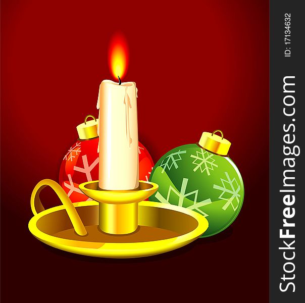 Melting Lit Candlestick In A Golden Tray, Casting Light On Red And Green Christmas Ornaments With Snowflake Designs, Over Red. Melting Lit Candlestick In A Golden Tray, Casting Light On Red And Green Christmas Ornaments With Snowflake Designs, Over Red