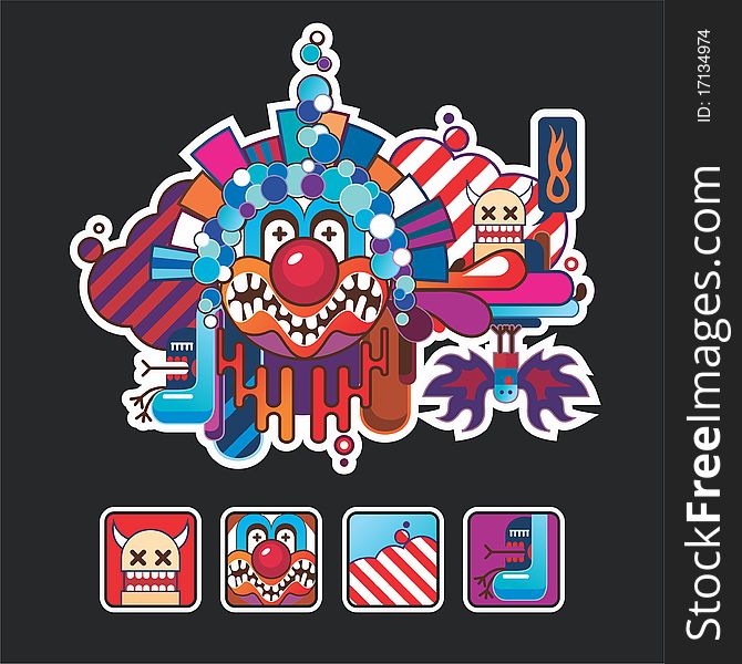 Composition and icons with a clown on a black background