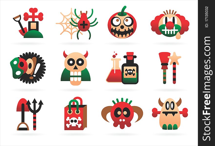 Scary halloween icons on a white background