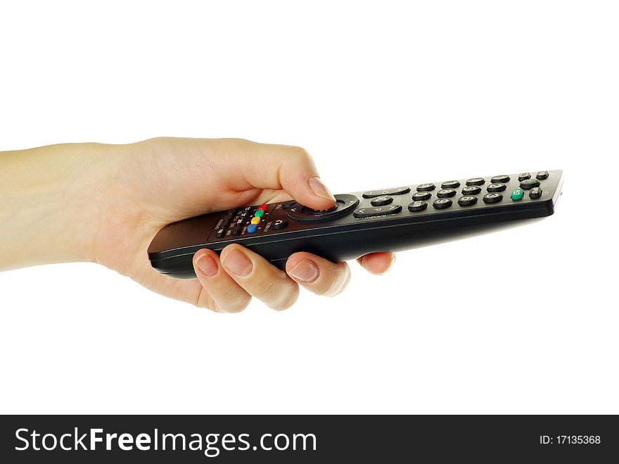 Remote control in hand isolated on white background