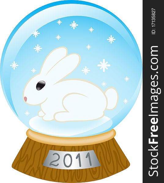 Glass bowl with a rabbit and falling snowflakes