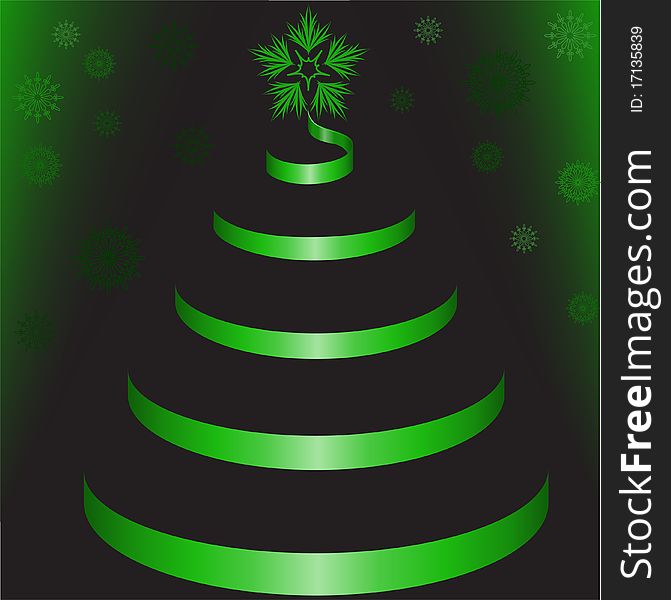 Green Tree of shiny ribbon on a black background with snowflakes