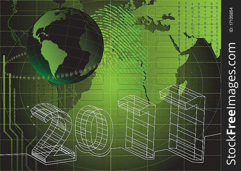 Happy New Year 2011 background with map of world