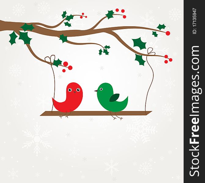 Birds couple on the holly berry branch. Holiday greetings card