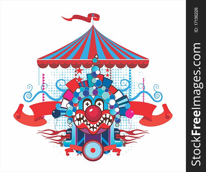 Circus composition with the malicious clown on a white background