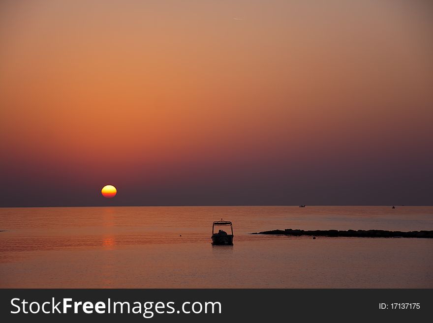 Little boat, sunset at beach in Cyprus . Little boat, sunset at beach in Cyprus .