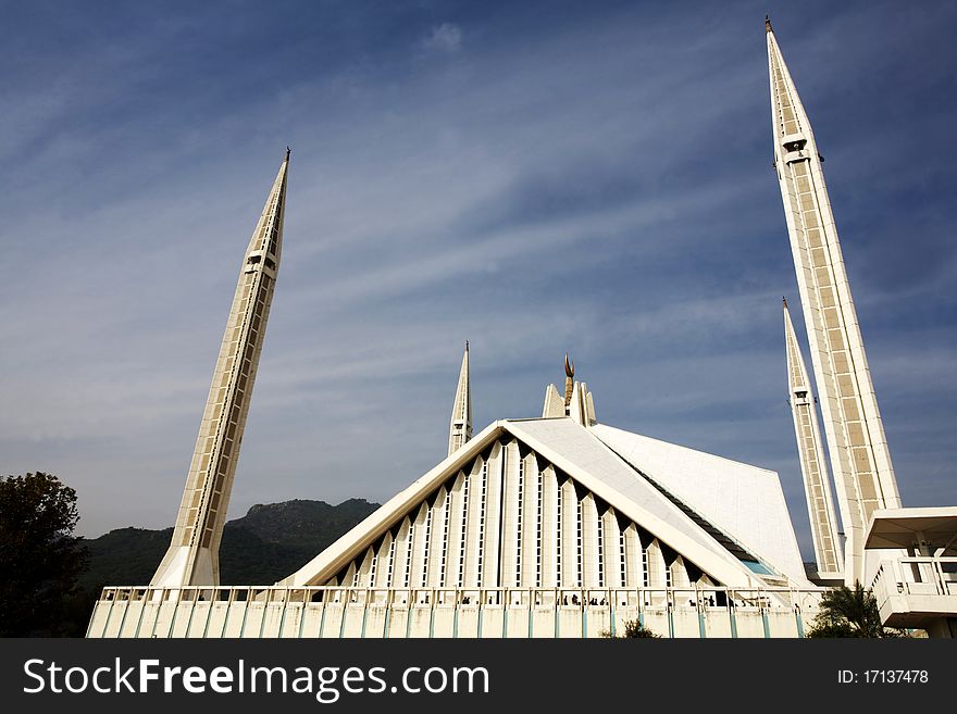 Side view of monstrous Faisal Mosque in Islamabad, Pakistan