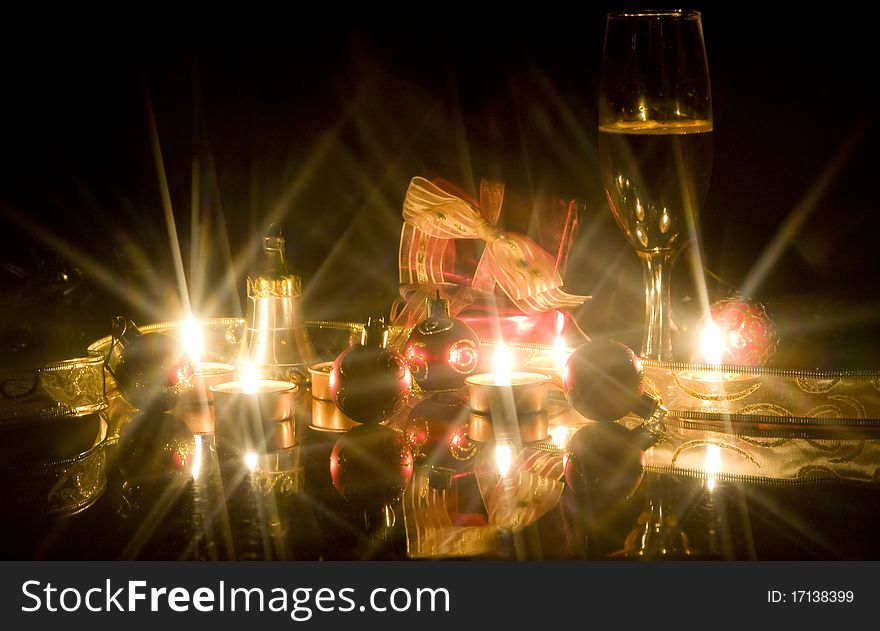 Christmas decorations and star shaped candles burning