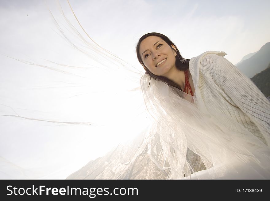Portrait of beautiful bride with veil in the wind. Portrait of beautiful bride with veil in the wind