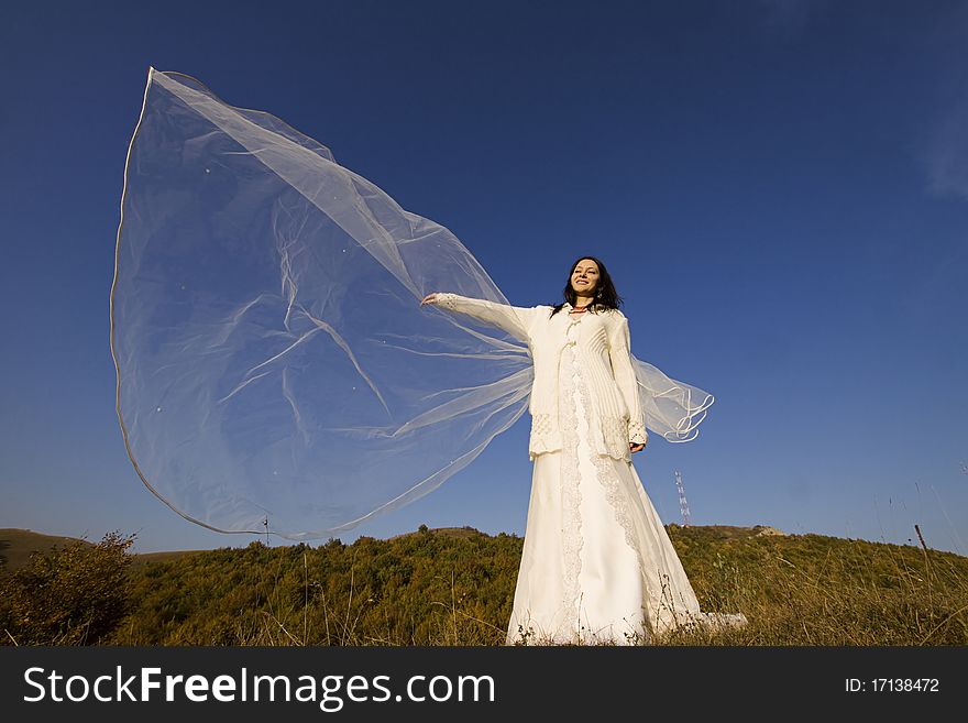 Portrait of romantic woman on field with veil in the wind