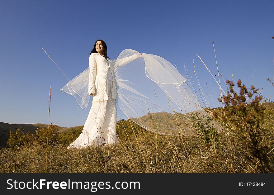 Portrait of romantic woman on field with veil in the wind