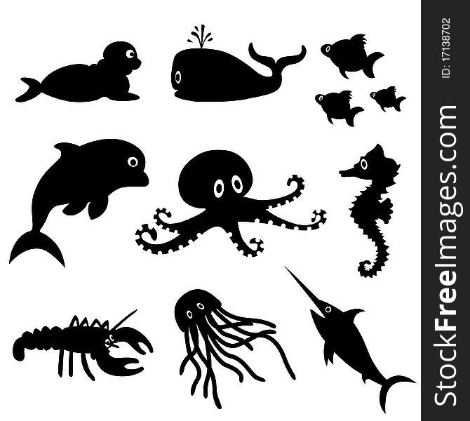Black sea life silhouette vector