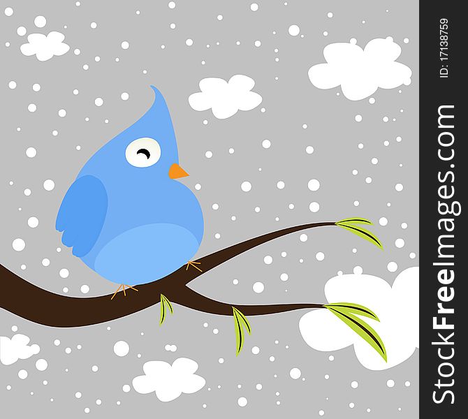 Cute blue winter bird with clouds vector