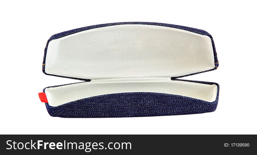 Isolated open blue jean sunglasses case on white background