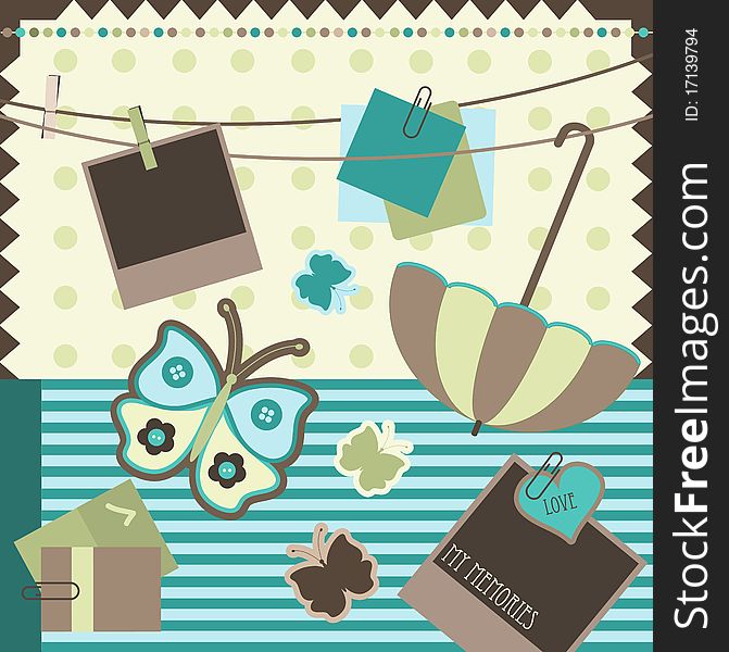 Scrapbook elements with umbrella and butterflies