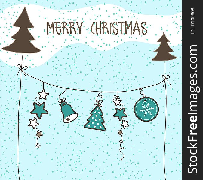 Christmas card with hanging elements on rope, vector