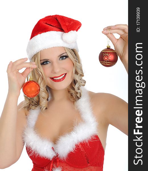 Beautiful santa clause woman in party red clothes, hat and christmas tree decoration balls. isolated on white background. Beautiful santa clause woman in party red clothes, hat and christmas tree decoration balls. isolated on white background