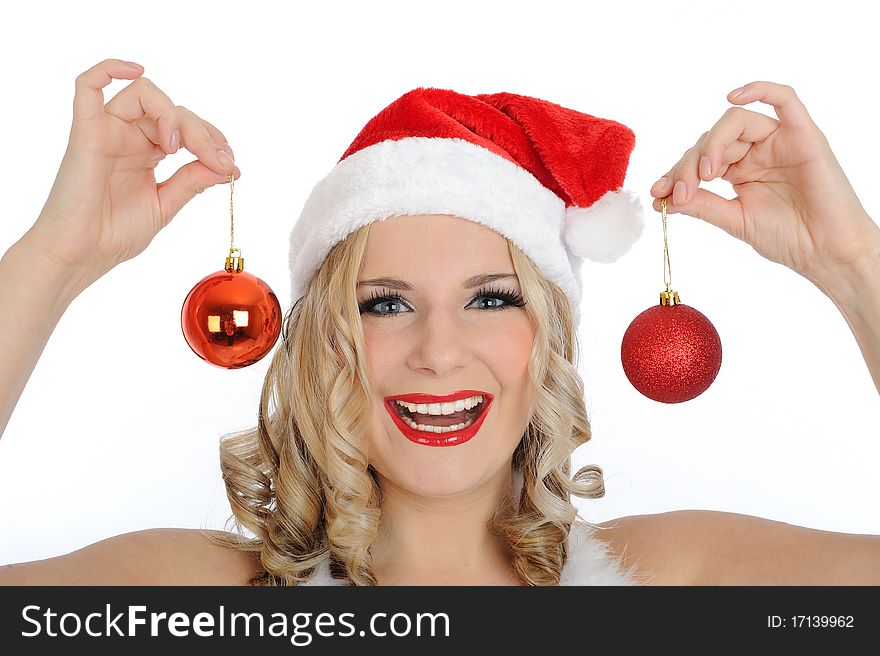Beautiful santa clause woman in party red clothes, hat and christmas tree decoration balls. isolated on white background. Beautiful santa clause woman in party red clothes, hat and christmas tree decoration balls. isolated on white background