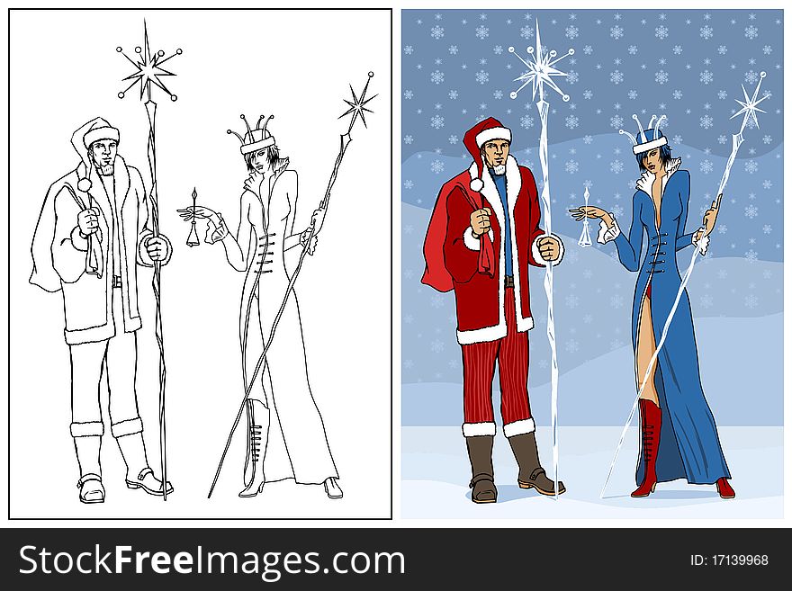 Merry Christmas and Happy New Year theme. Man and woman are dressed like Santa Claus. Vector illustration with separate layers for the colors and contours. Merry Christmas and Happy New Year theme. Man and woman are dressed like Santa Claus. Vector illustration with separate layers for the colors and contours.