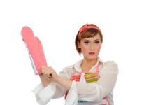 Beautiful Cooking Woman In Apron And Kitchen Glove Stock Image Beautiful Cooking Woman In Apron And Kitchen Glove Stock Image